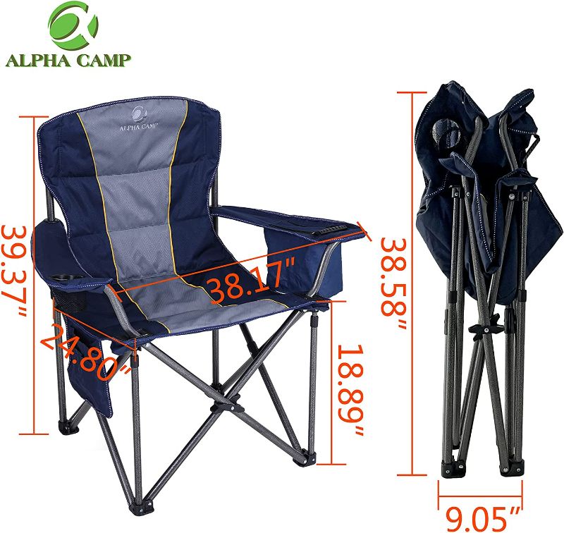 Photo 2 of ALPHA CAMP Oversized Camping Folding Chair Heavy Duty Lawn Chair with Cooler Bag Support 450 LBS Steel Frame Collapsible Padded Arm Chair Quad Lumbar Back Chair Portable for Outdoor,Blue