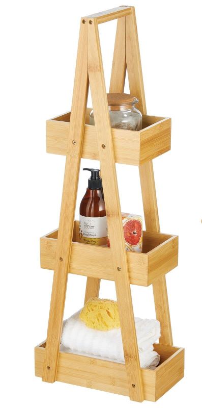 Photo 1 of mDesign Bamboo A-Frame 3-Tier Triangle Shelf, Divided Bin, - Decorative Organization Holds Towels, Soap, Toiletries - Natural/Tan