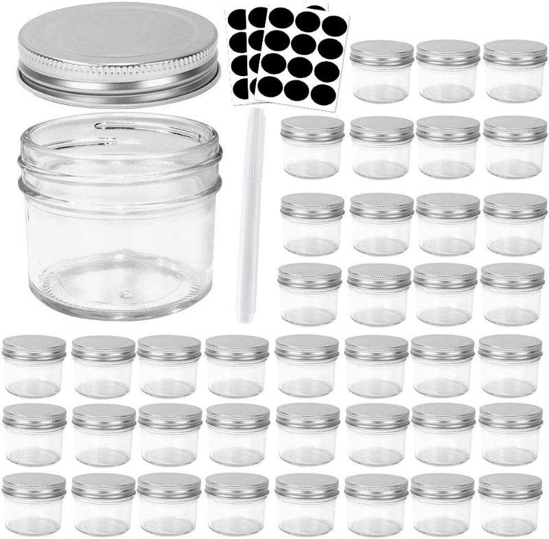 Photo 1 of 40 Piece - 4 oz Glass Mason jars With Regular Silver Lids, Perfect Canning Jars Containers for Jam, Honey, Candies,Wedding Favors, Decorations, Baby Foods. Included 1 Pens and 80 Labels.