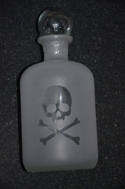 Photo 1 of SKULL AND BONES POISON DECANTER FROSTED GLASS BOTTLE WITH CLEAR GLOBE STOPPER