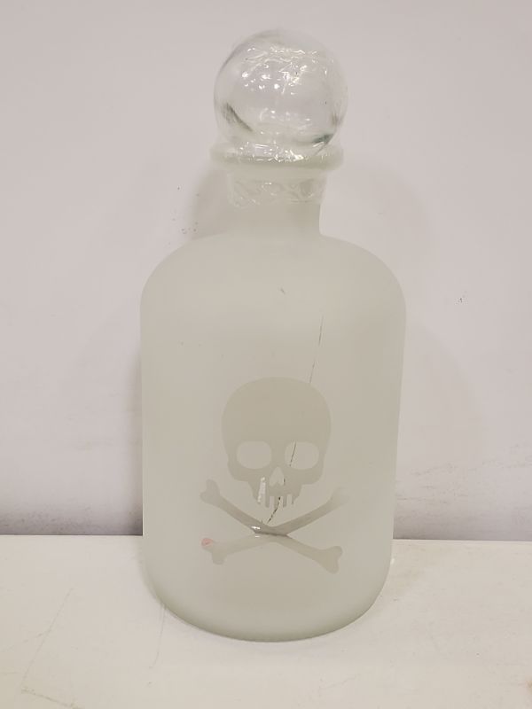Photo 4 of SKULL AND BONES POISON DECANTER FROSTED GLASS BOTTLE WITH CLEAR GLOBE STOPPER
