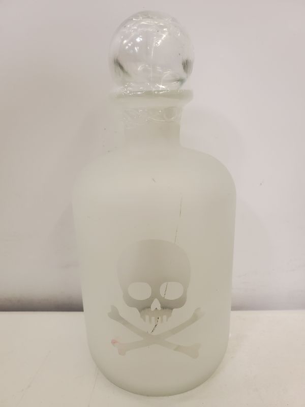 Photo 2 of SKULL AND BONES POISON DECANTER FROSTED GLASS BOTTLE WITH CLEAR GLOBE STOPPER