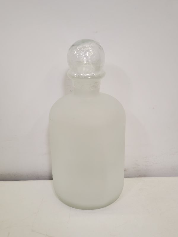 Photo 3 of SKULL AND BONES POISON DECANTER FROSTED GLASS BOTTLE WITH CLEAR GLOBE STOPPER
