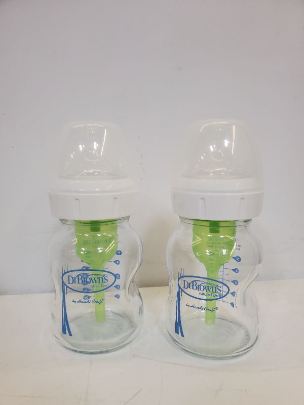 Photo 1 of SET OF 2 - DR. BROWN'S NATURAL FLOW BABY BOTTLES -ANTI-COLIC 5OZ  GLASS BOTTLES WITH SIZE 4 NIPPLE