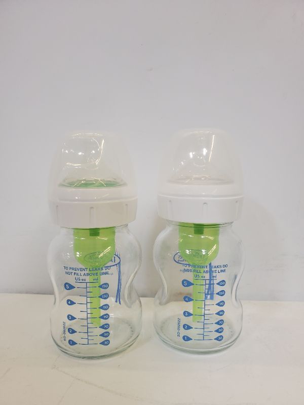 Photo 2 of SET OF 2 - DR. BROWN'S NATURAL FLOW BABY BOTTLES -ANTI-COLIC 5OZ  GLASS BOTTLES - ONE WITH SIZE 4 NIPPLE AND ONE WITH SIZE 1 NIPPLE 