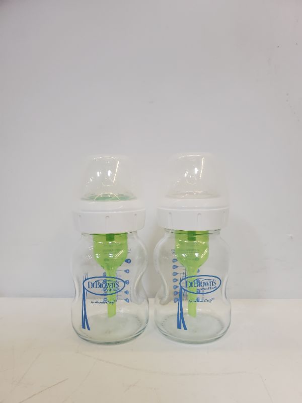 Photo 1 of SET OF 2 - DR. BROWN'S NATURAL FLOW BABY BOTTLES -ANTI-COLIC 5OZ  GLASS BOTTLES - ONE WITH SIZE 4 NIPPLE AND ONE WITH SIZE 1 NIPPLE 