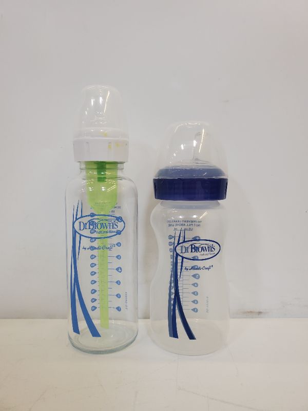 Photo 1 of SET OF 2 - DR. BROWN'S BABY BOTTLES -ANTI-COLIC - ONE 8OZ GLASS BOTTLE & ONE 9OZ PLASTIC BOTTLE   