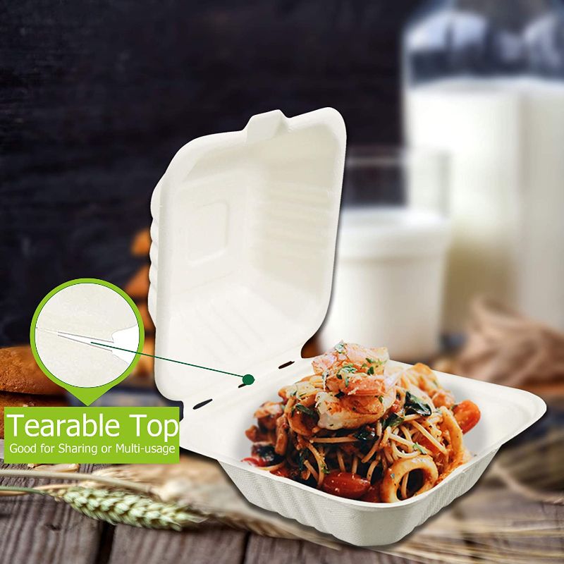 Photo 1 of  Compostable Clamshell, Natural Bagasse (Sugarcane Fiber), Take-Out/to-Go Food Boxes - 200 PC