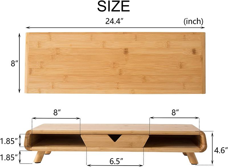 Photo 1 of Homerays Bamboo Monitor Stand Riser, No Assembly Required Exquisite Monitor Stand with Drawer, Ergonomic Height Wood Monitor Stand