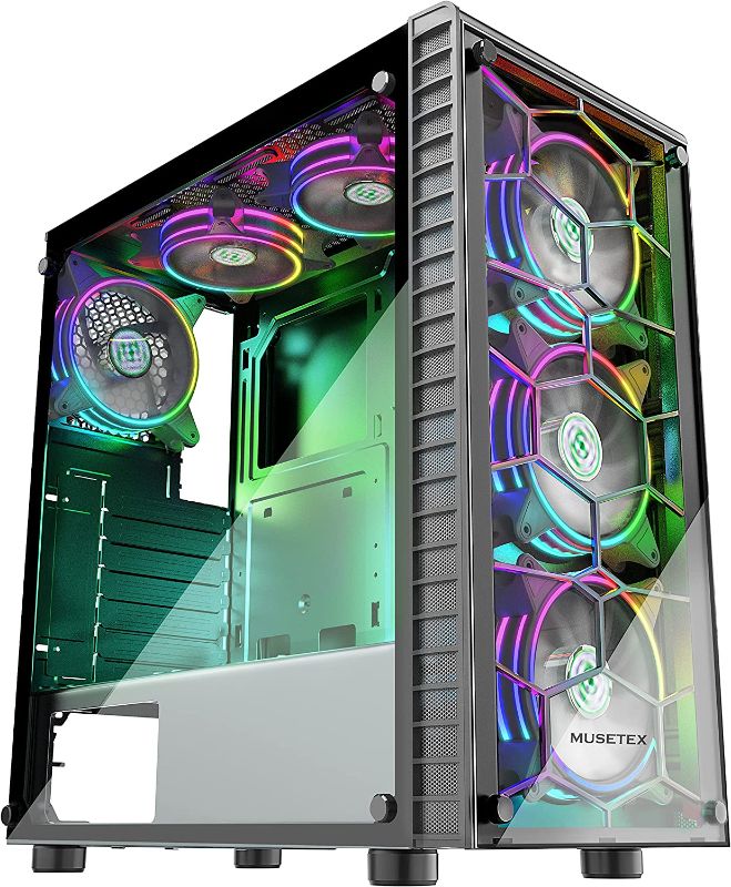 Photo 1 of MUSETEX ATX PC Case Pre-Installed 6Pcs 120mm ARGB Fans, Computer Gaming Case with Tempered Glass Side & Front Panels, Metal Honeycomb Mesh, USB3.0, S6-B