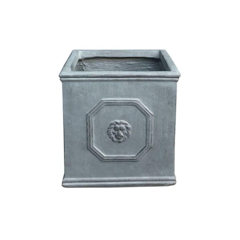 Photo 1 of 12.6 in. Tall Antique Gray Lightweight Concrete Classic Square Lion Head Planter
