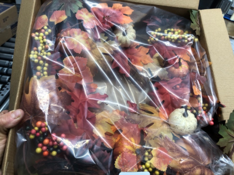 Photo 2 of 18 inch Thanksgiving Wreath-Artificial Maple Leaves with Cute Pumpkins-Romantic and Beautiful Gift
