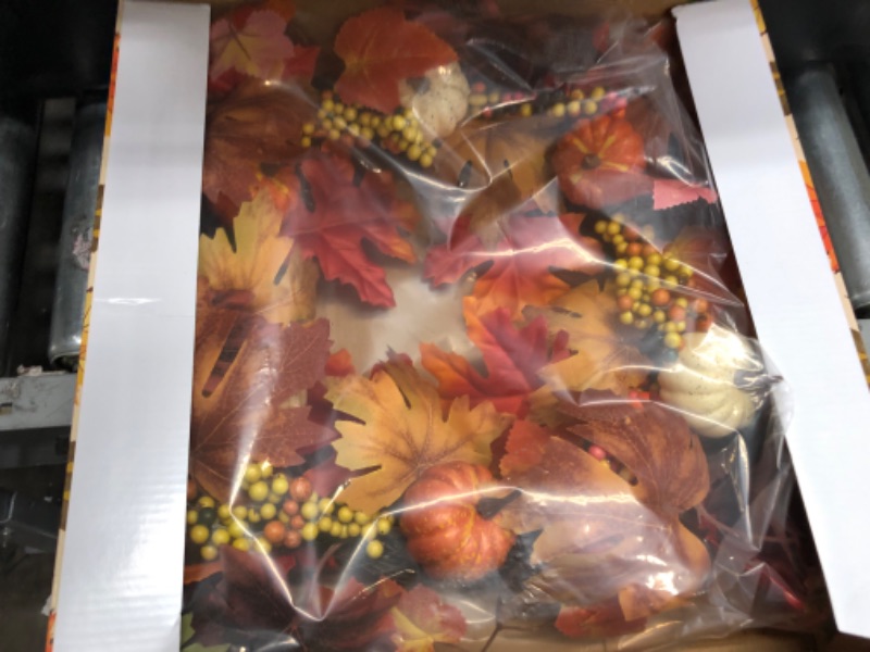 Photo 2 of 18 inch Thanksgiving Wreath-Artificial Maple Leaves with Cute Pumpkins-Romantic and Beautiful Gift
