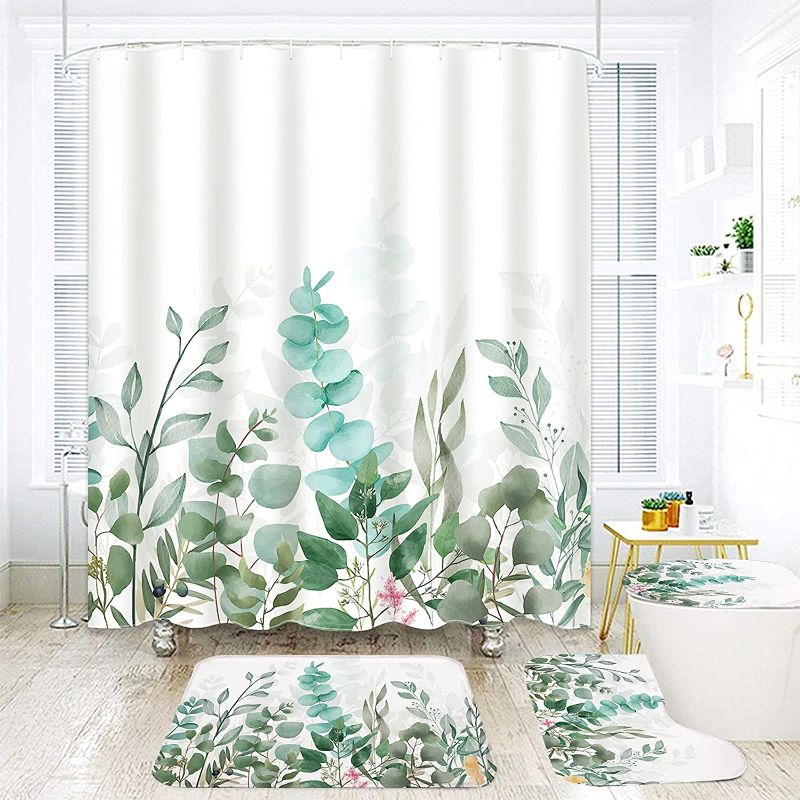 Photo 1 of Floral Shower Curtain Sets with Non-Slip Rugs, Toilet Lid Cover and Bath Mat, Plant Shower Curtain with 12 Hooks, Waterproof Leaf Shower Curtain Sets for Bathroom Decor
