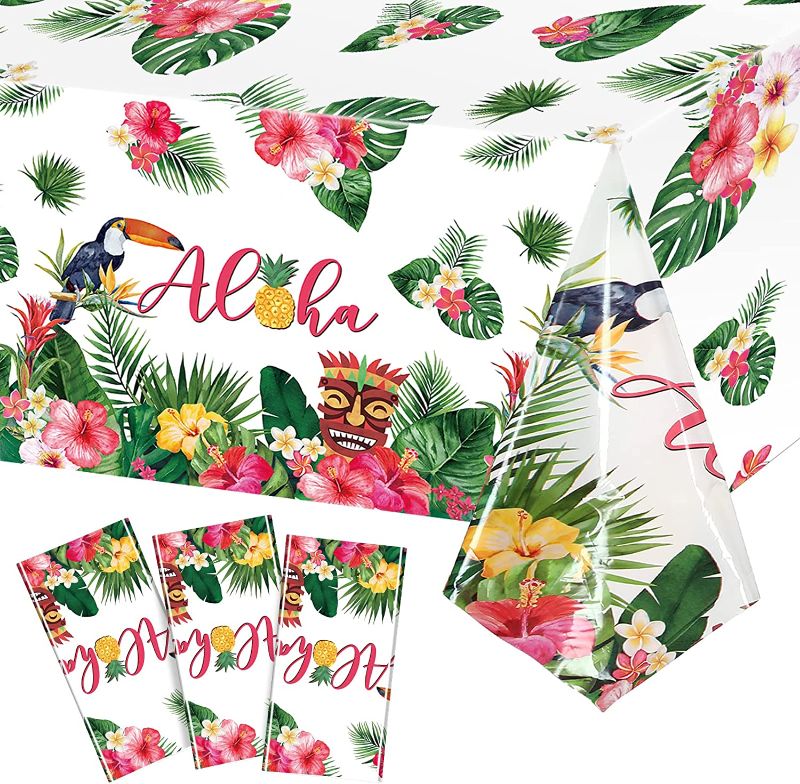 Photo 1 of 3 Pack Hawaiian Luau Tablecloths, Luau Decoration Aloha Tropical Palm Leaves Table Cloth Hawaii Disposable Plastic Rectangular Table Cover Tiki Party Supplies for Birthday Summer Kid, 54 x 108 Inch
