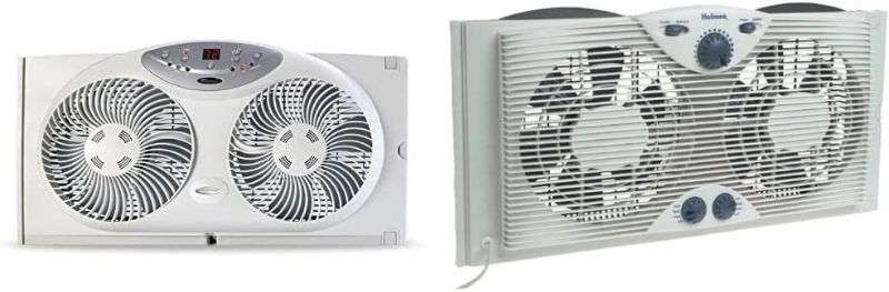 Photo 1 of *PARTS ONLY* NON-FUNCTIONAL*

Bionaire Window Fan with Twin 8.5-Inch Reversible Airflow Blades and Remote Control, White & Holmes Dual 8" Blade Twin Window Fan with Manual Controls, 3 Speed Settings, White
