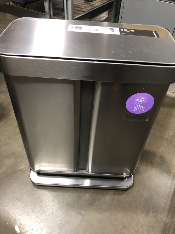 Photo 2 of 58-Liter Nano-Silver Clear Coat Brushed Stainless Steel Dual Compartment Rectangular Recycling Step-On Trash Can