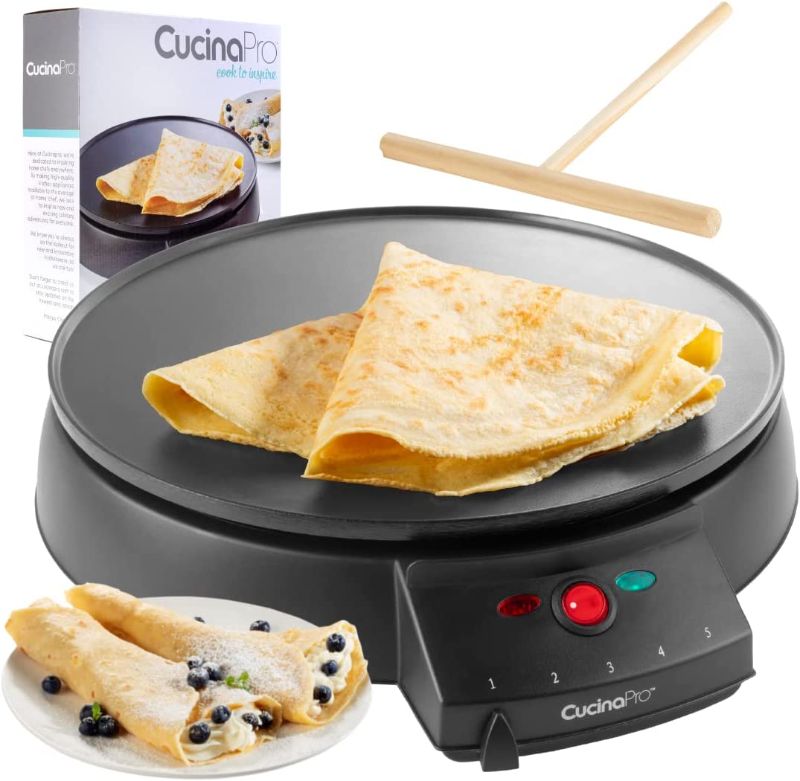 Photo 1 of 12" Griddle & Crepe Maker, Non-Stick Electric Crepe Pan with Batter Spreader and Recipe Guide- Dual Use for Blintzes Eggs Pancakes, Portable, Adjustable Temperature Settings, Holiday Breakfast or Gift
