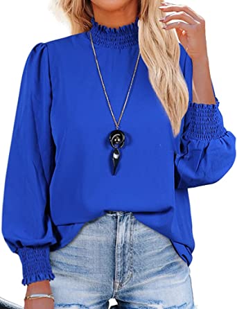 Photo 1 of Women's Puff Sleeve Ruffle Mock Neck Casual Loose Back Zip Up Chiffon Blouse Work Shirts Tops XL