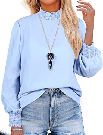 Photo 1 of Women's Puff Sleeve Ruffle Mock Neck Casual Loose Back Zip Up Chiffon Blouse Work Shirts Top Large