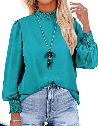 Photo 1 of Women's Puff Sleeve Ruffle Mock Neck Casual Loose Back Zip Up Chiffon Blouse Work Shirts Tops LARGE