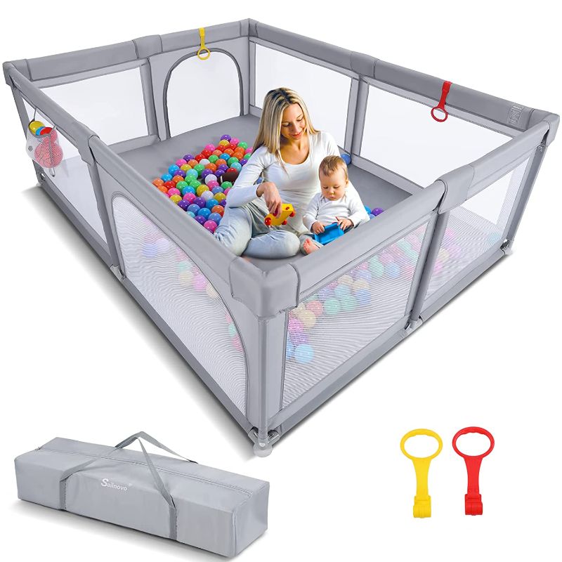 Photo 1 of Baby Playpen 79'' x 59'' Play Pens for Babies and Toddlers, Sailnovo Extra Large Baby Fence Play Yard for Baby, Indoor & Outdoor Kids Activity Center with Anti-Slip Sucker and Handlers*2(Grey)
