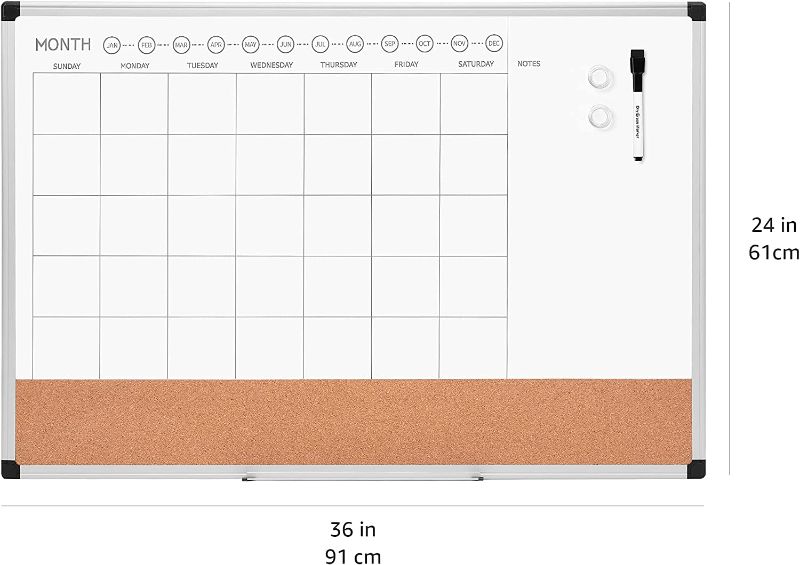 Photo 1 of Amazon Basics Monthly Calendar Whiteboard Dry Erase and Cork Board, Silver Aluminium Frame, 24 x 36 Inches
