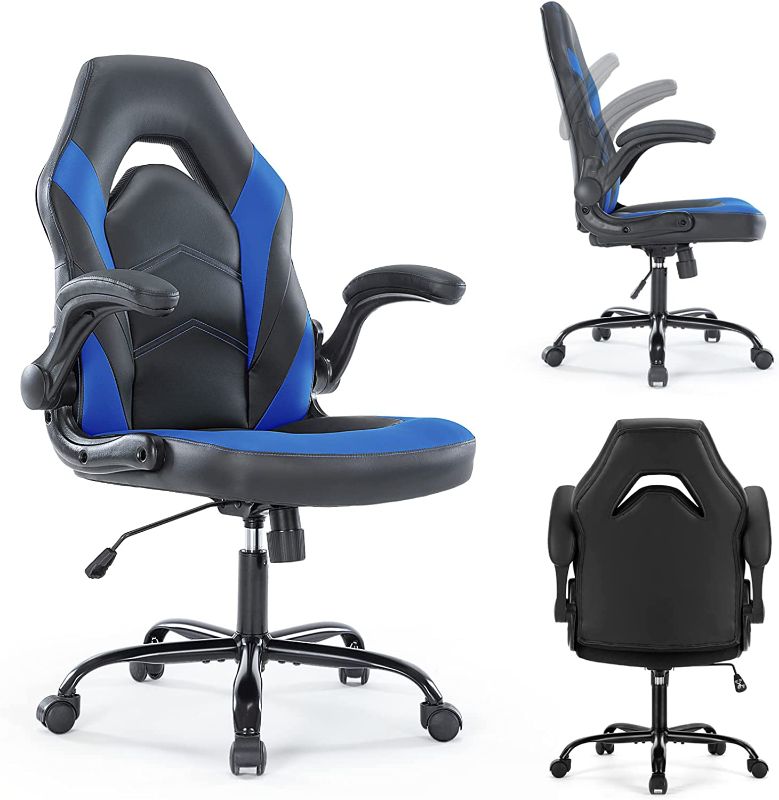 Photo 1 of Gaming Chair PU Leather Office Chair Flip-up Soft Armrest Desk Chair Height Adjustable Computer Chair with Lumbar Support Swivel Chair, Black and Blue