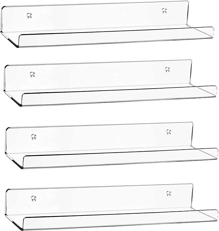 Photo 1 of Acrylic Floating Wall Ledge Shelf, Wall Mounted Nursery Kids Bookshelf, Invisible Spice Rack, Clear Bathroom Storage Shelves Display ,Acrylic 15" Invisible Bookshelf, Set of 4
