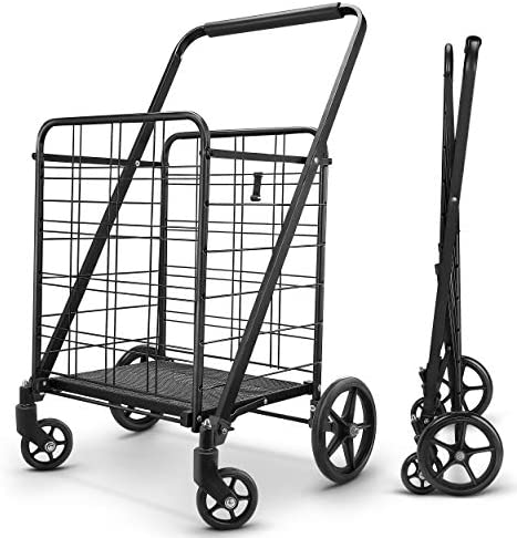 Photo 1 of winkeep Shopping Cart, Upgrade Dense Grid Bottom Folding Cart with 360° Rolling Swivel Wheels Heavy Duty Grocery Utility Cart for Multiple Uses Extra Large Grocery Cart Can Hold Up to 280 lbs
