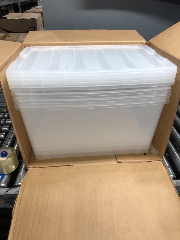 Photo 2 of IRIS USA 72 Qt. Plastic Storage Bin Tote Organizing Container with Durable Lid and Secure Latching Buckles, Stackable and Nestable, 4 Pack, clear with Black Buckle g) 72 Qt. - 4 Pack