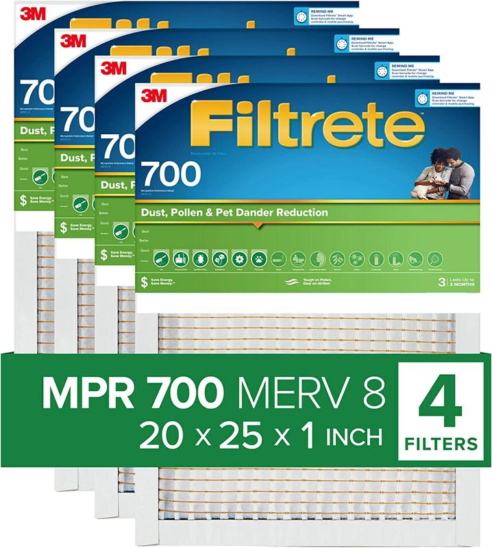 Photo 1 of 
Filtrete 20x25x1 Furnace Air Filter MERV 8 MPR 700, Dust, Pollen, & Pet Dander, 4-Pack (exact dimensions 19.88x25.56x0.78)
