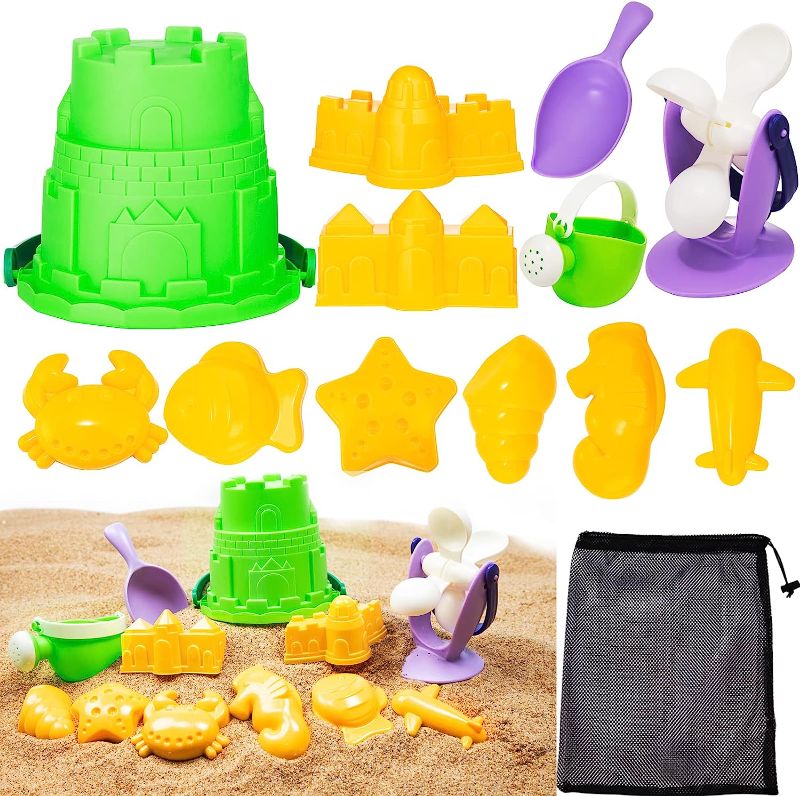 Photo 1 of 3 BUNDLED ITEMS - KIRE Beach Toys - 12Pcs Kids Sand Toys Set with Mesh Bag Includes Beach Bucket, Water Bucket, Sand Water  Wheel, Sand Shovel and Animals Castle Toys - Sandbox Toys for Kids Play Outdoor or Travel; AND, Baby on Board Sign Sticker; AND, Ba