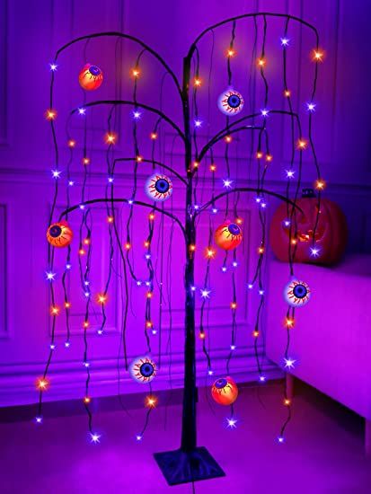 Photo 1 of [Easy Install & DIY Eyeballs] 4 Ft Orange & Purple Lighted Halloween Willow Tree Decor 84 LED 8 DIY 3D Eyeballs, Spooky Tree Ornaments Halloween Decorations Home Outdoor Indoor Yard Garden (Adapter)
