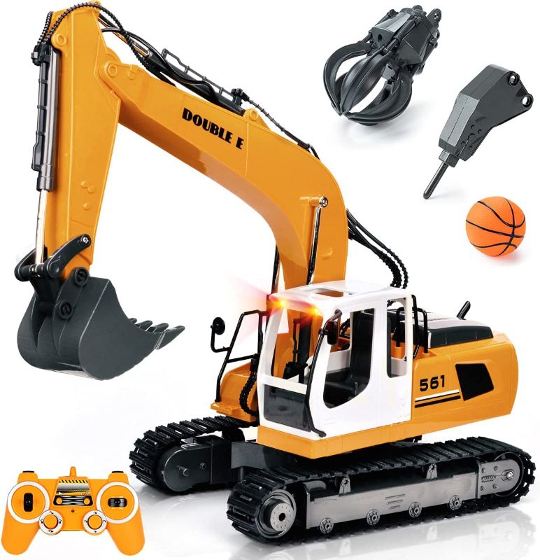 Photo 1 of DOUBLE E Remote Control Truck RC Excavator Toy 17 Channel 3 in 1 Claw Drill Metal Shovel Real Hydraulic Electric RC Construction Vehicle with Working Lights
