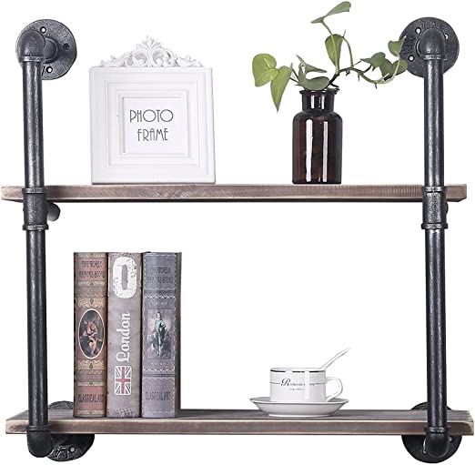 Photo 1 of (2 Tier - 24in) Industrial Pipe Shelving, Industrial Floating Shelves, 100% Pine Solid Wood, Galvanized Steel
