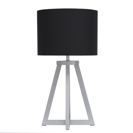 Photo 1 of 19 in. Gray Wood Interlocked Triangular Table Lamp with Black Fabric Shade
