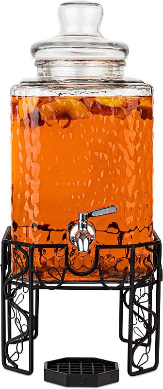 Photo 1 of 2.5 Gallon Glass Beverage Dispenser with Stainless Steel Spigot on Metal Stand and Drip Tray- Mason Drink Dispenser For Parties, Sun Tea, Iced Tea, Water or Kombucha
