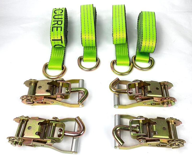 Photo 1 of 4 Pack of 2" x 10' Hi-VIZ Green Tecnic Webbing Lasso Straps w/Swivel-J Ratchets
