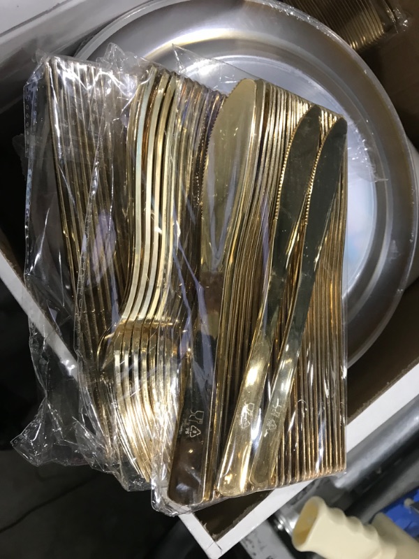 Photo 3 of 350 Piece Gold Dinnerware Set - 50 Guest Gold Lace Design Plastic Plates - 50 Gold Plastic Silverware - 50 Gold Cups - 50 Linen Like Gold Napkins, 50 Guest...
