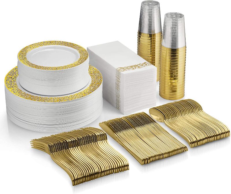 Photo 1 of 350 Piece Gold Dinnerware Set - 50 Guest Gold Lace Design Plastic Plates - 50 Gold Plastic Silverware - 50 Gold Cups - 50 Linen Like Gold Napkins, 50 Guest...
