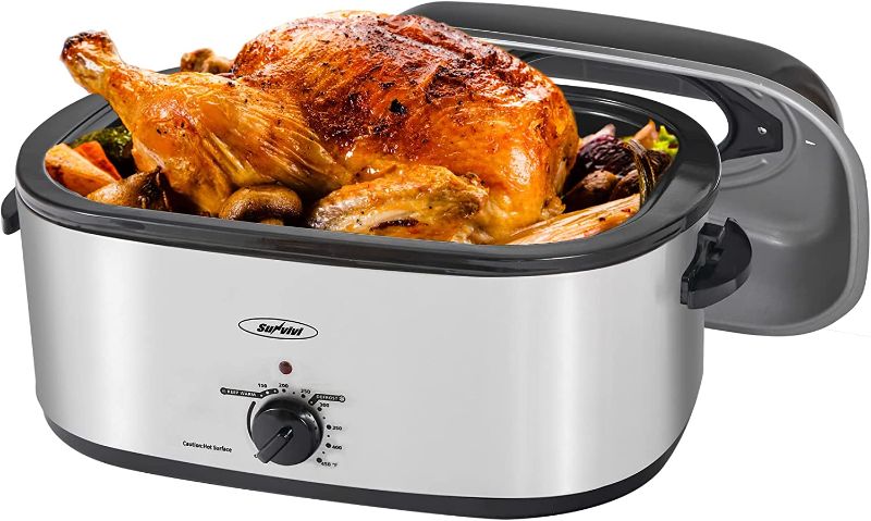 Photo 1 of 24-Quart Electric Roaster Oven with Visible Glass Lid, Sunvivi Roaster with Removable Pan & Rack, 150-450°F Full-Range Temperature Control with Defrost/Warm Function, Stainless Steel, Silver
