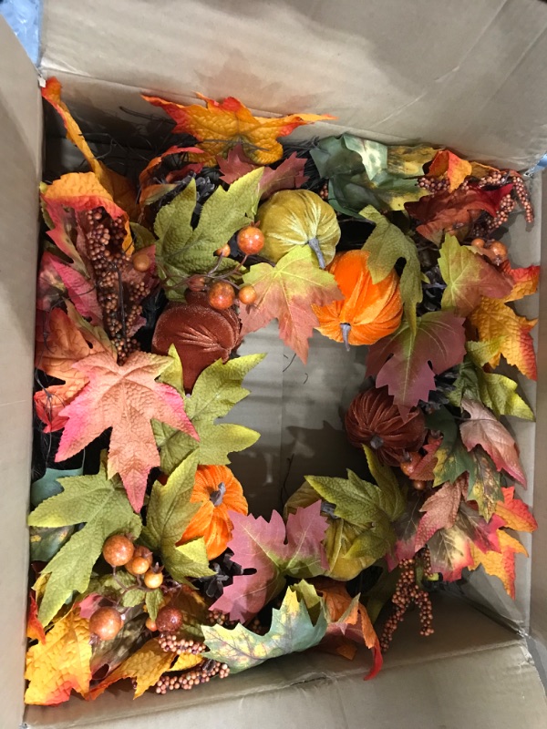 Photo 3 of 23.5'' Artificial Maple Leaf Flower Wreath, Fall Floral Garland Pumpkins Orange Daisy Berries Sunflower Pine Cones Wildflowers Autumn Garland Porch...
