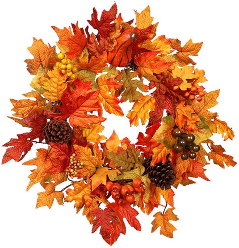 Photo 1 of 23.5'' Artificial Maple Leaf Flower Wreath, Fall Floral Garland Pumpkins Orange Daisy Berries Sunflower Pine Cones Wildflowers Autumn Garland Porch...
