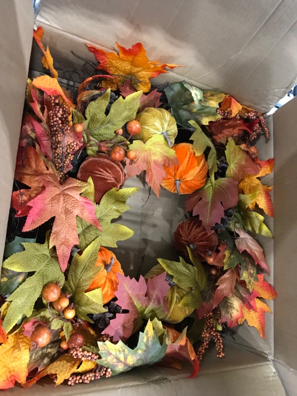 Photo 2 of 23.5'' Artificial Maple Leaf Flower Wreath, Fall Floral Garland Pumpkins Orange Daisy Berries Sunflower Pine Cones Wildflowers Autumn Garland Porch...
