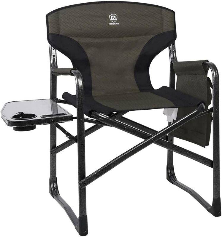 Photo 1 of  Lightweight Folding Directors Chairs Outdoor, Aluminum Camping Chair with Side Table and Storage Pouch, Heavy Duty Supports 350LBS (Green/Black)
