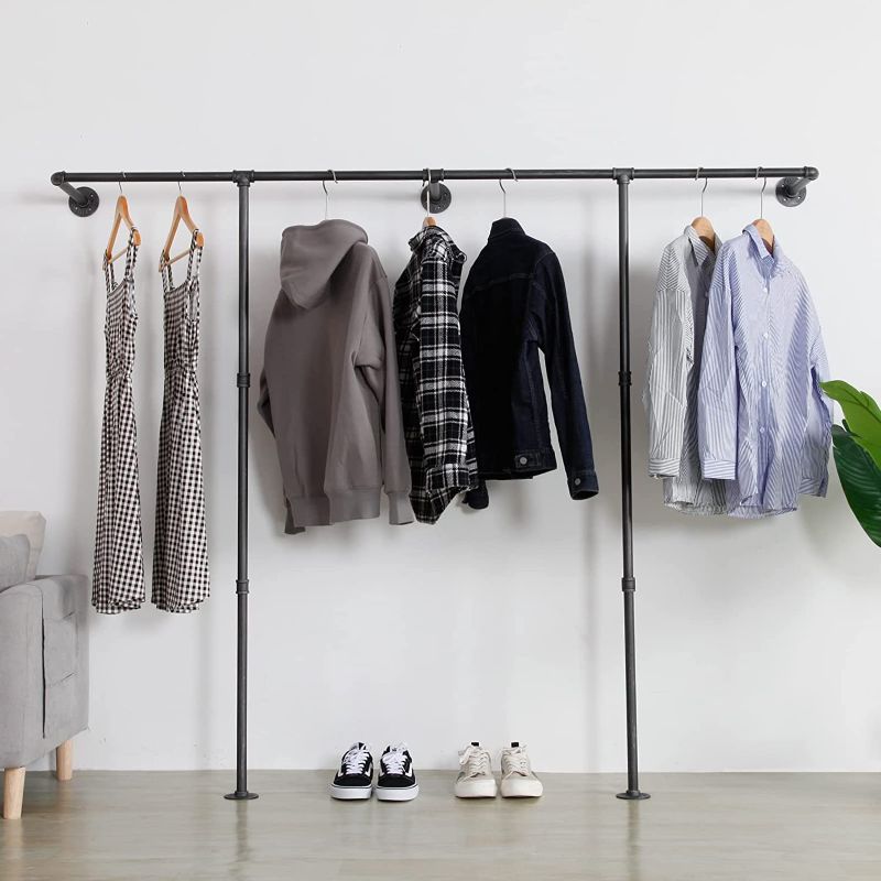 Photo 1 of Industrial Pipe Clothes Rack , Heavy Duty Wall Mounted Black Iron Garment Bar,Retail Display Rack Closet Storage Clothes Organizer (80.7, Black)
