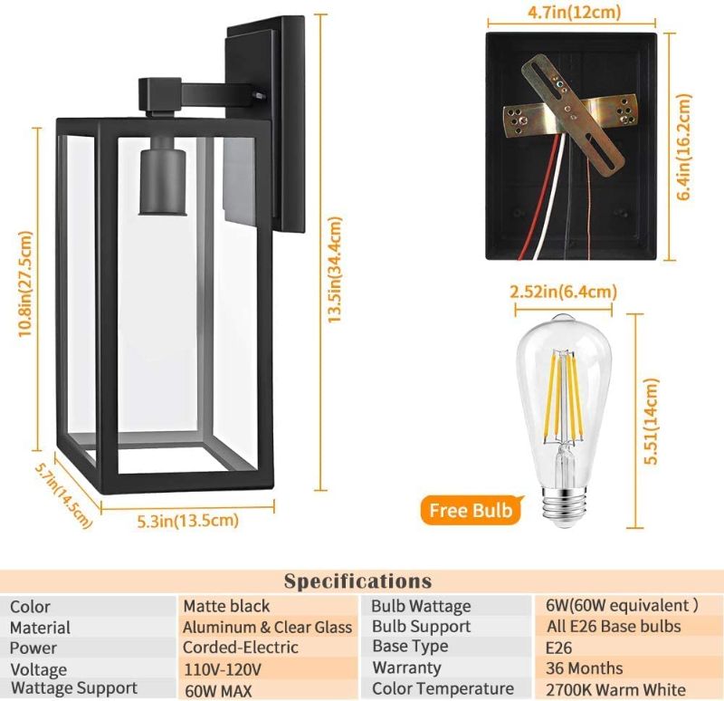 Photo 1 of PARTPHONER Outdoor Light Fixtures Wall Mount, Porch Light with 2 LED Bulbs, 