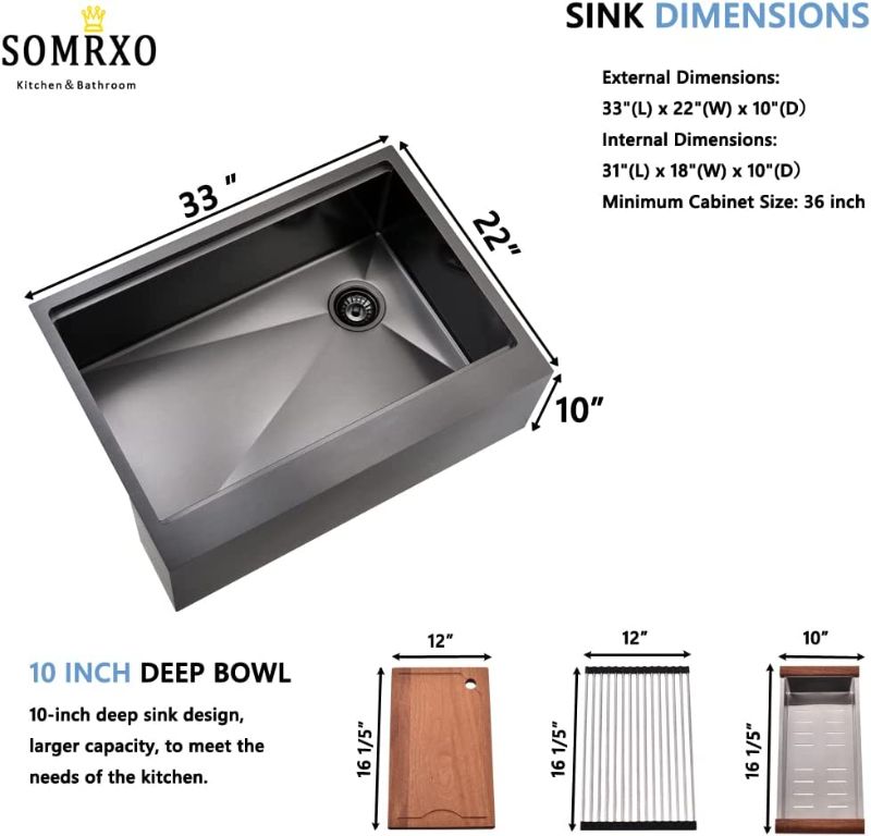 Photo 6 of 33 Inch Farmhouse Kitchen Sink Black Stainless Steel-SOMRXO Flat Apron Front Farmhouse Sink Workstation Kitchen Sink 16 Gauge Gunmetal Matte Stainless Steel Kitchen Sink Single Bowl Farmhouse Sink