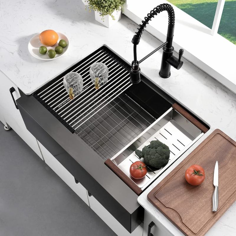 Photo 4 of 33 Inch Farmhouse Kitchen Sink Black Stainless Steel-SOMRXO Flat Apron Front Farmhouse Sink Workstation Kitchen Sink 16 Gauge Gunmetal Matte Stainless Steel Kitchen Sink Single Bowl Farmhouse Sink